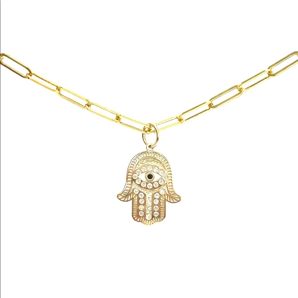 14k Gold Hamsa Paper Clip Necklace